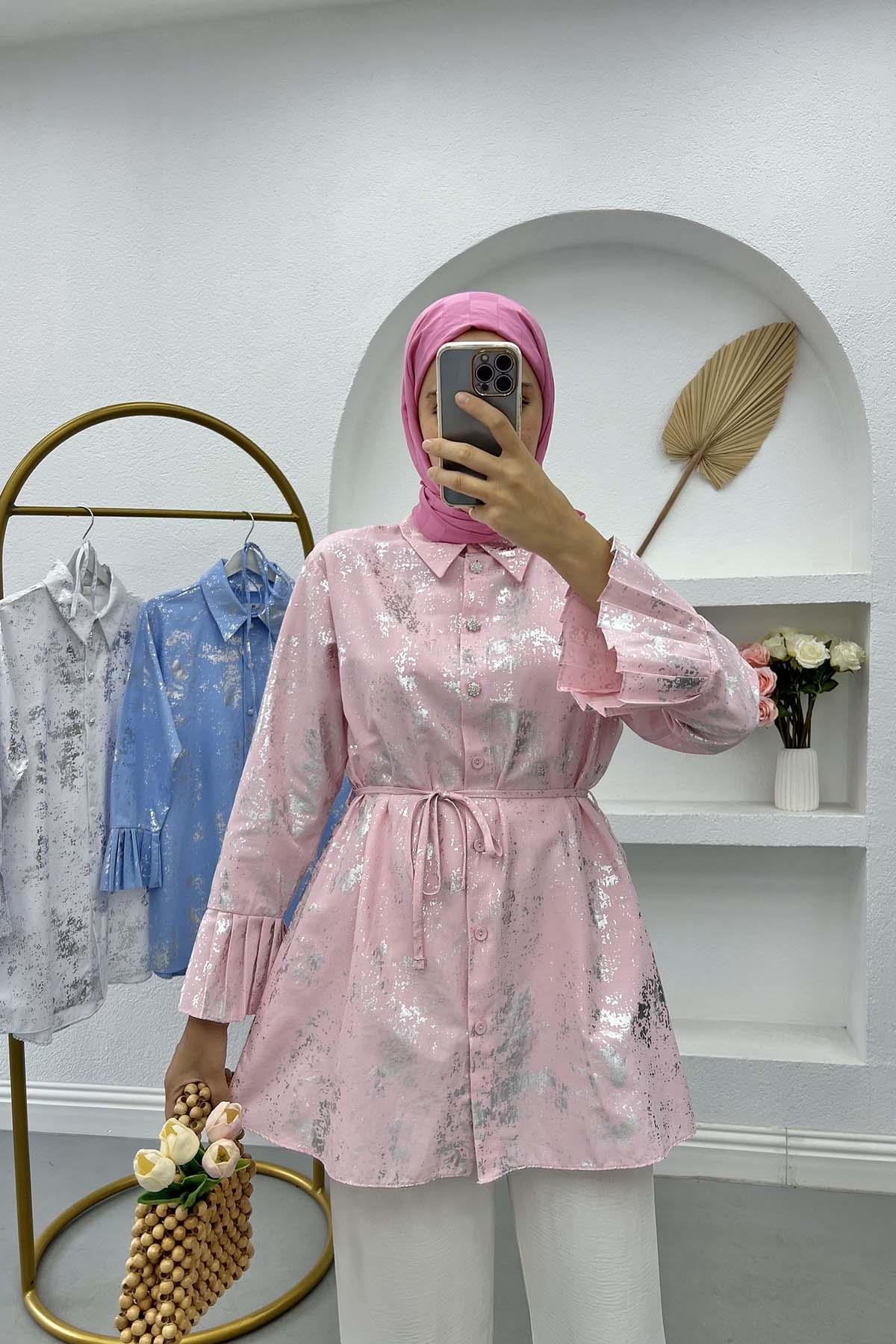 Parlak Desenli Bağlamalı Tunik Pembe