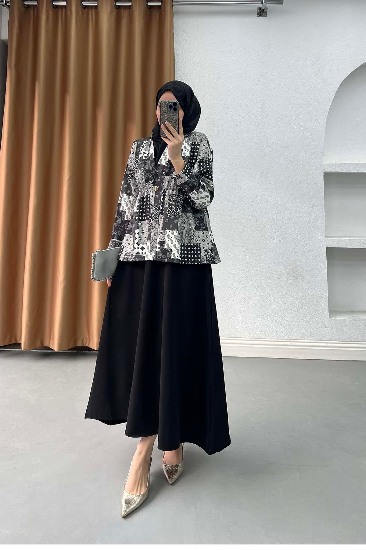 Patchwork Desenli Bel Büzgülü Takım Siyah