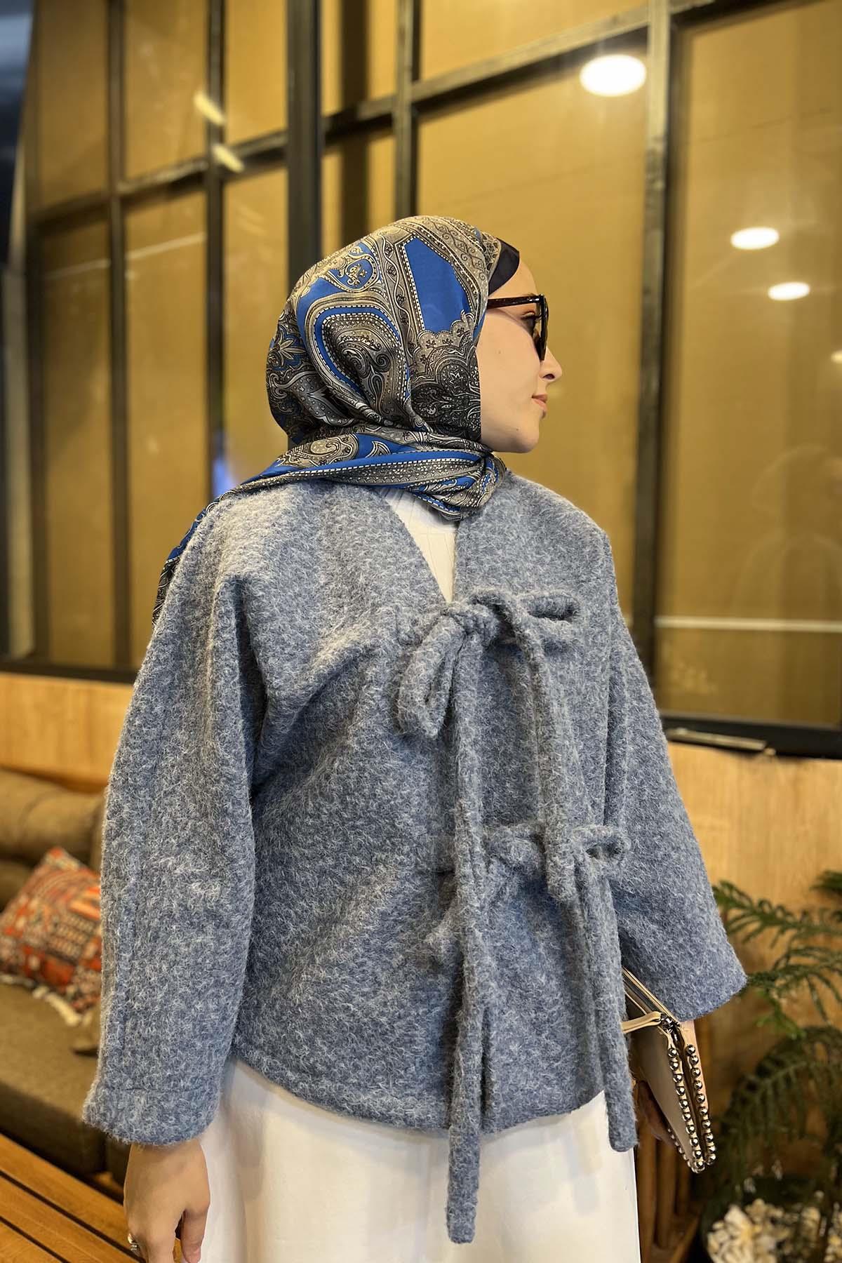 Peluş Bağlamalı Kaban Mavi