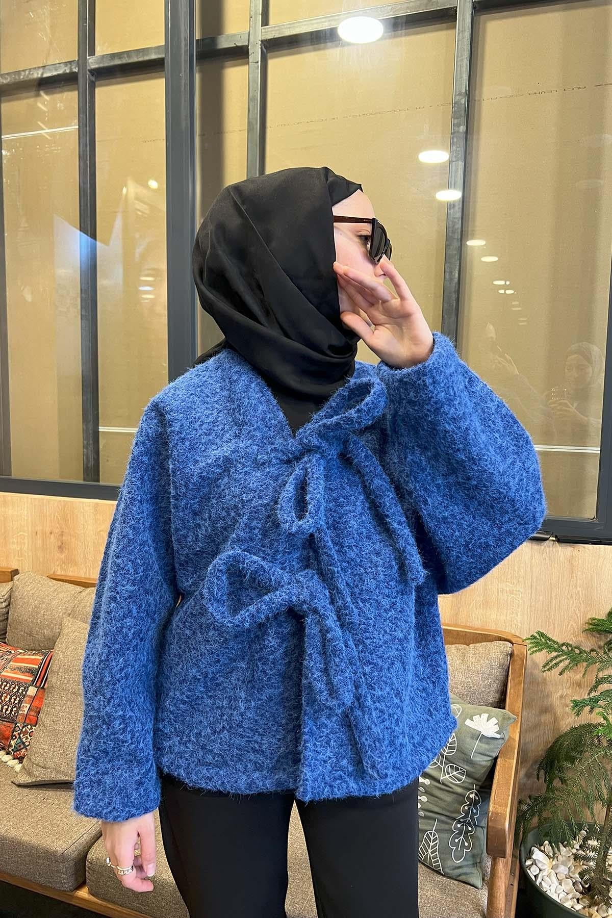 Peluş Bağlamalı Kaban Saks Mavi