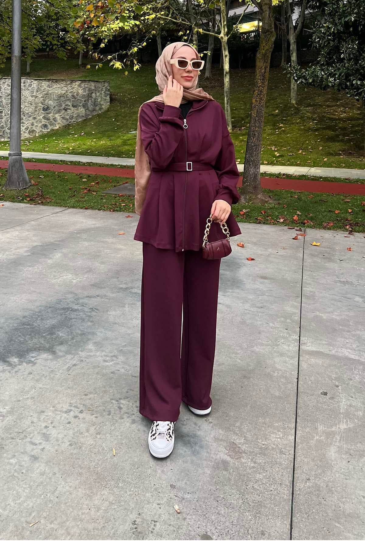 Pens Detaylı Kemerli Scuba Takım Bordo