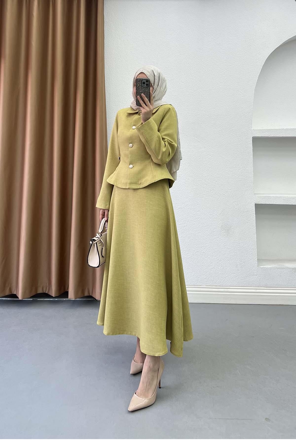 Peplum Kesim Gold Detaylı Keten Takım Lime Yeşili