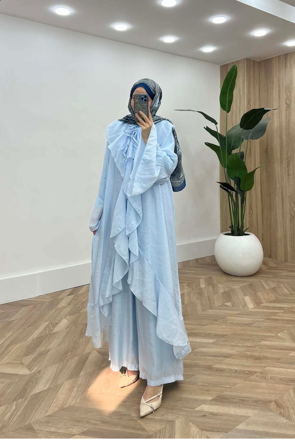 Peri Volanlı Yaka Bağlamalı Kimono Takım Bebe Mavi