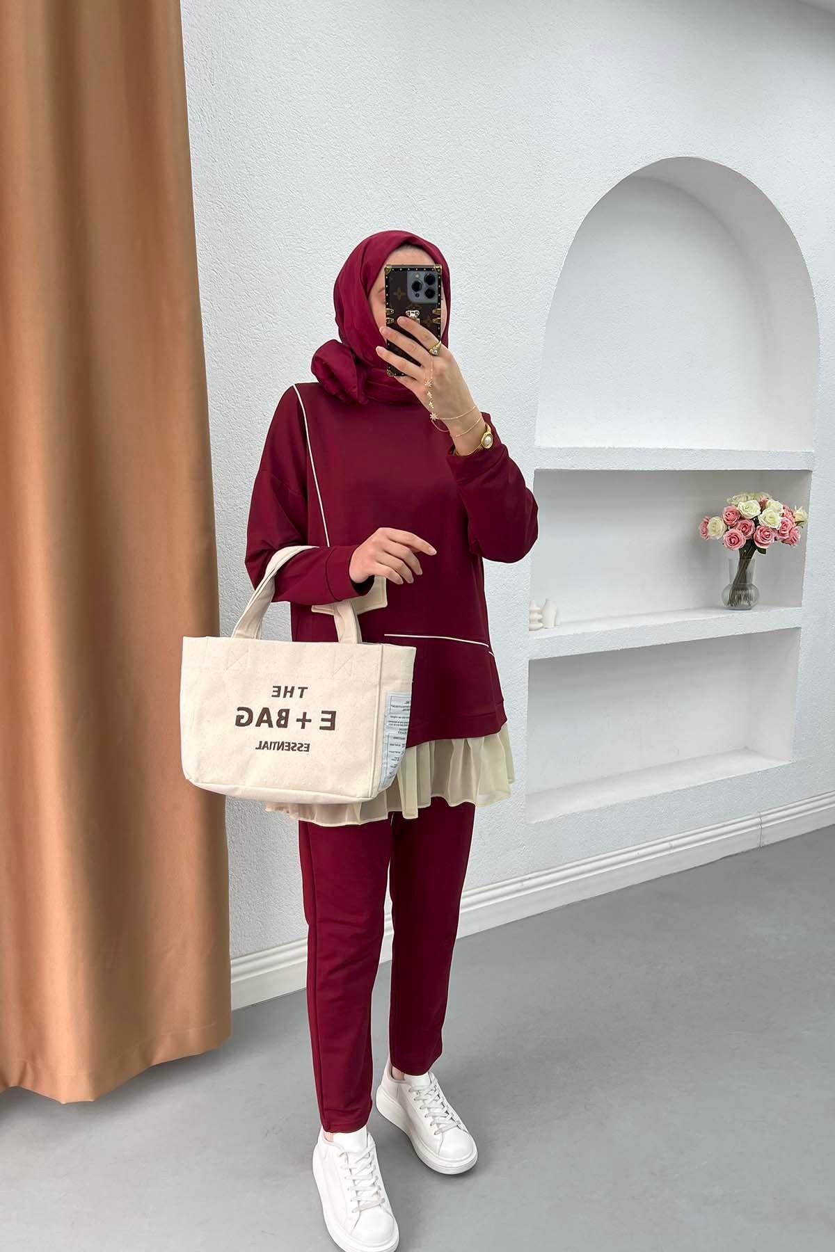 Pilise Detaylı Cepli Triko Takım Bordo