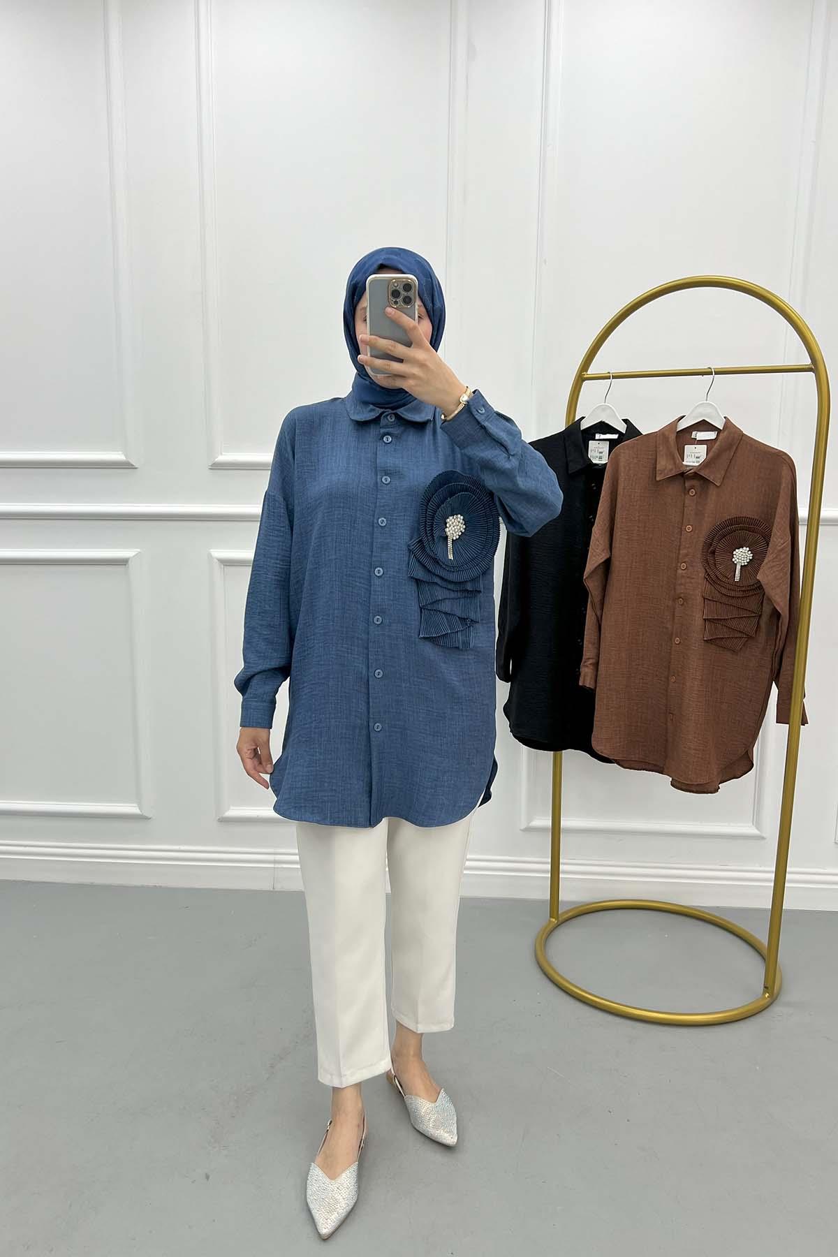 Pilise Ve Taş Detaylı Tunik Lacivert