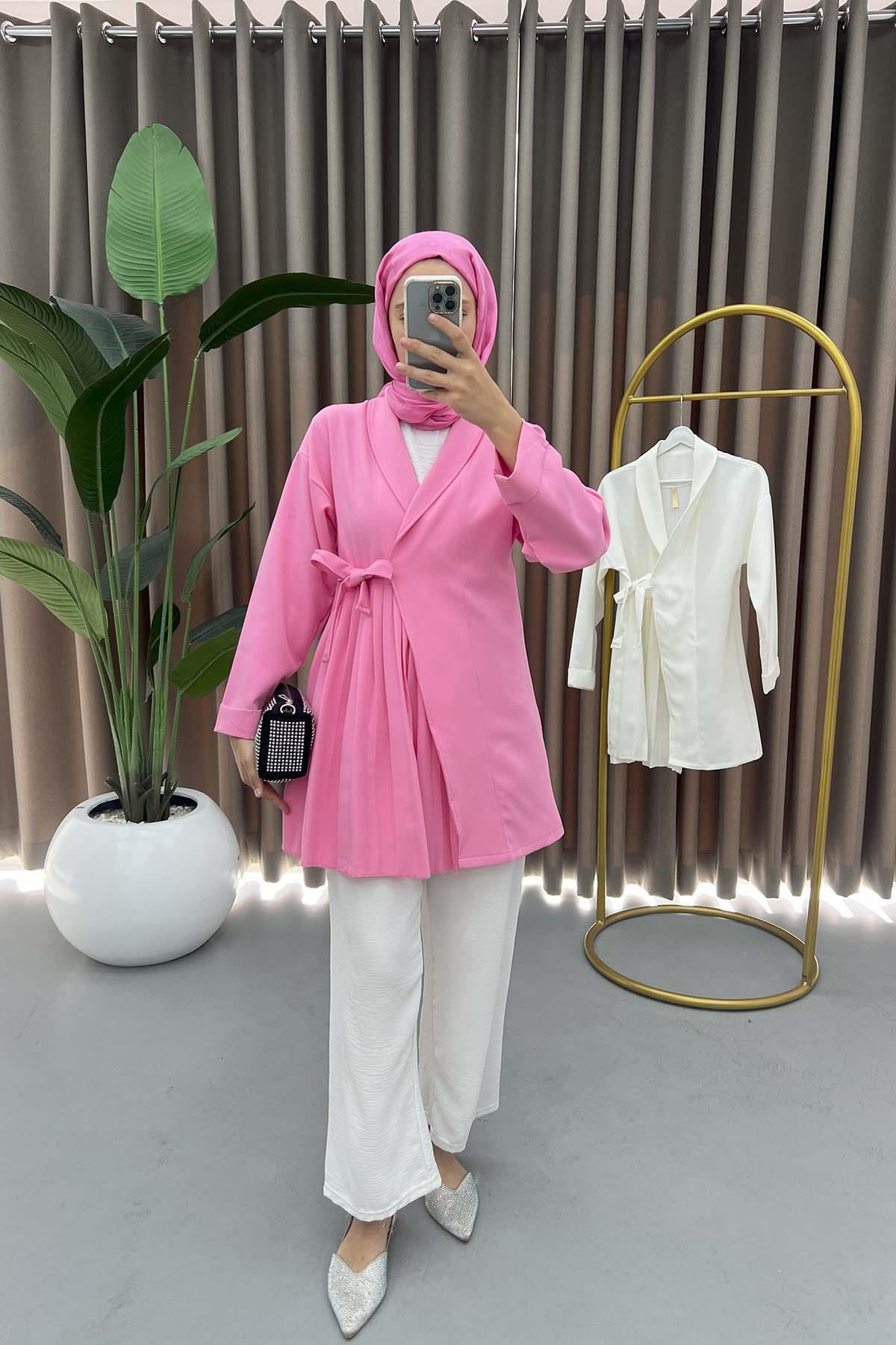Piliseli Bağlamalı Ceket Pembe