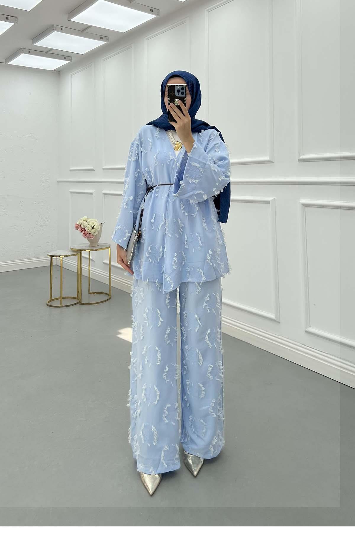 Püskül Detay Kimono Takım Bebe Mavi