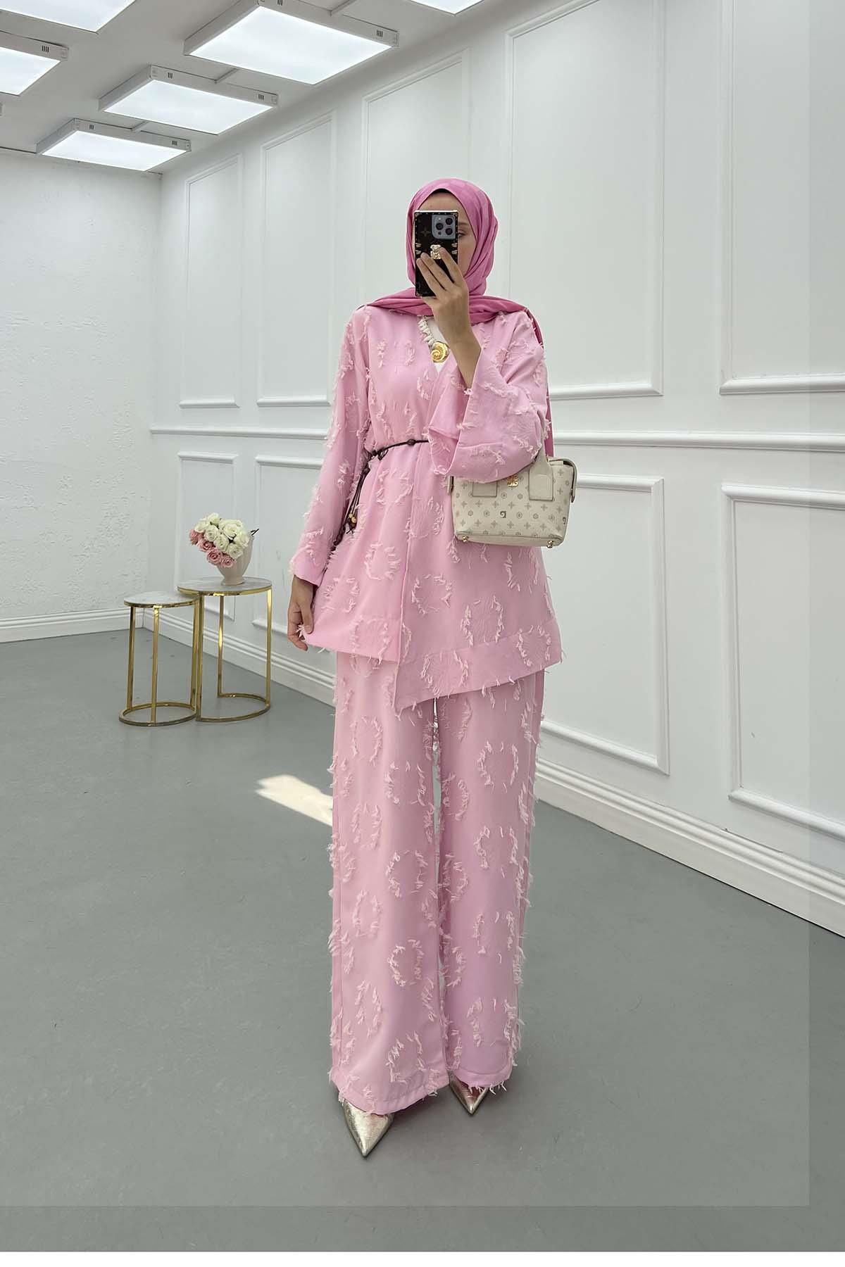 Püskül Detay Kimono Takım Pembe