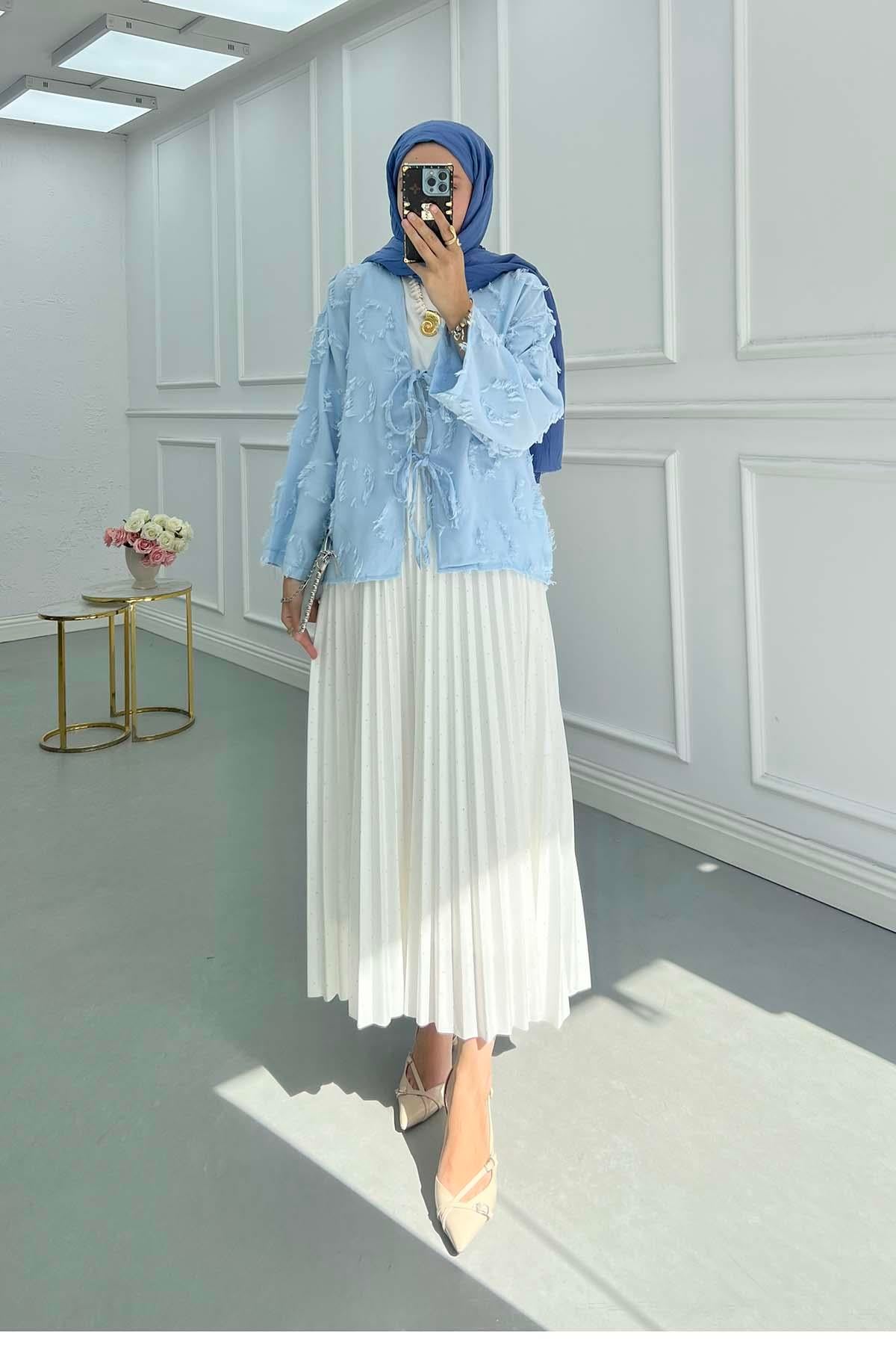 Püsküllü Bağlamalı Kimono Bebe Mavi