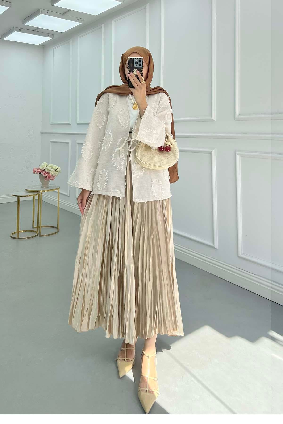 Püsküllü Bağlamalı Kimono Bej