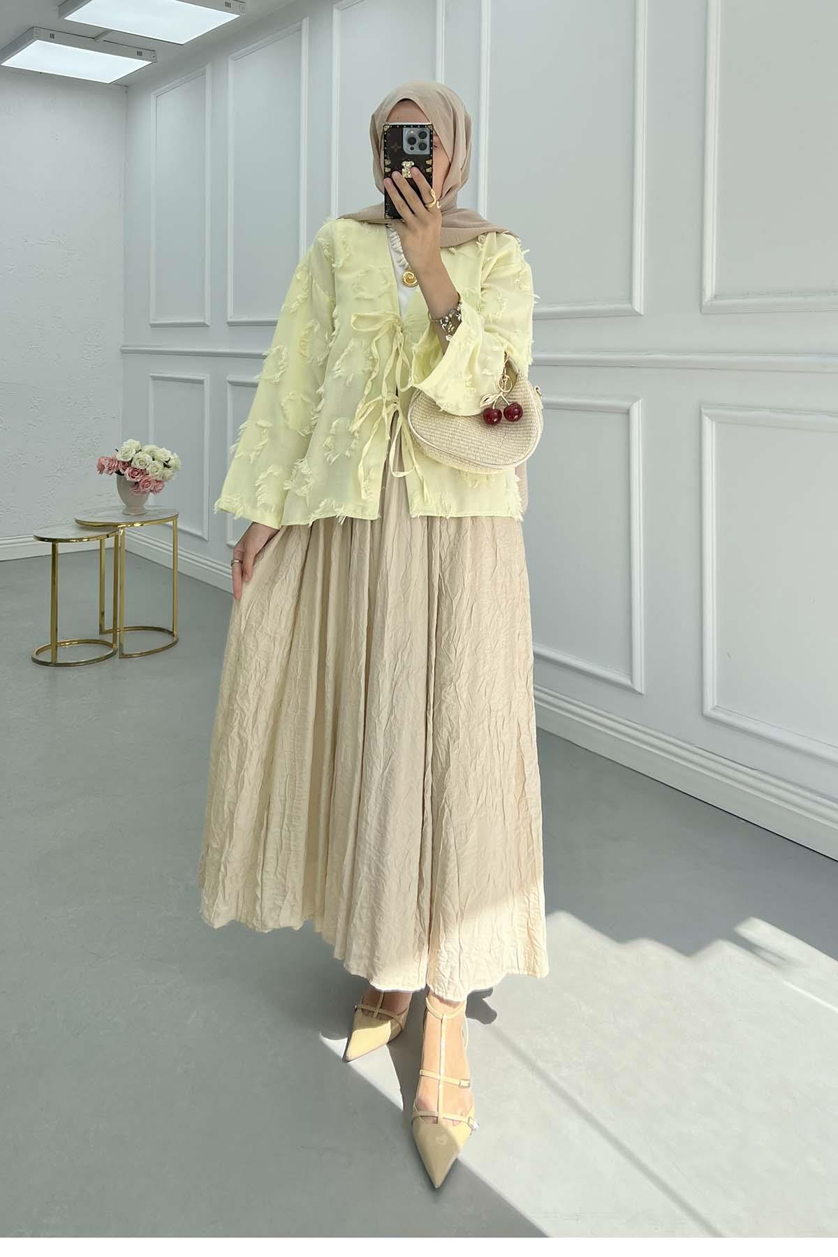 Püsküllü Bağlamalı Kimono Yağ Sarısı
