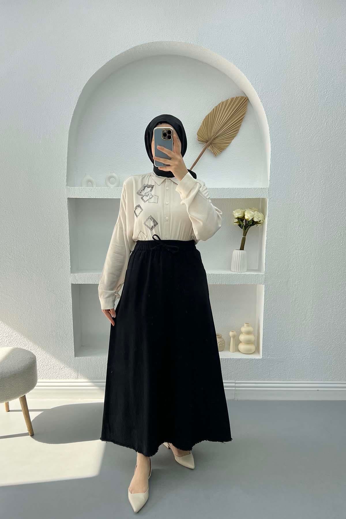 Püsküllü Kot Etek Siyah