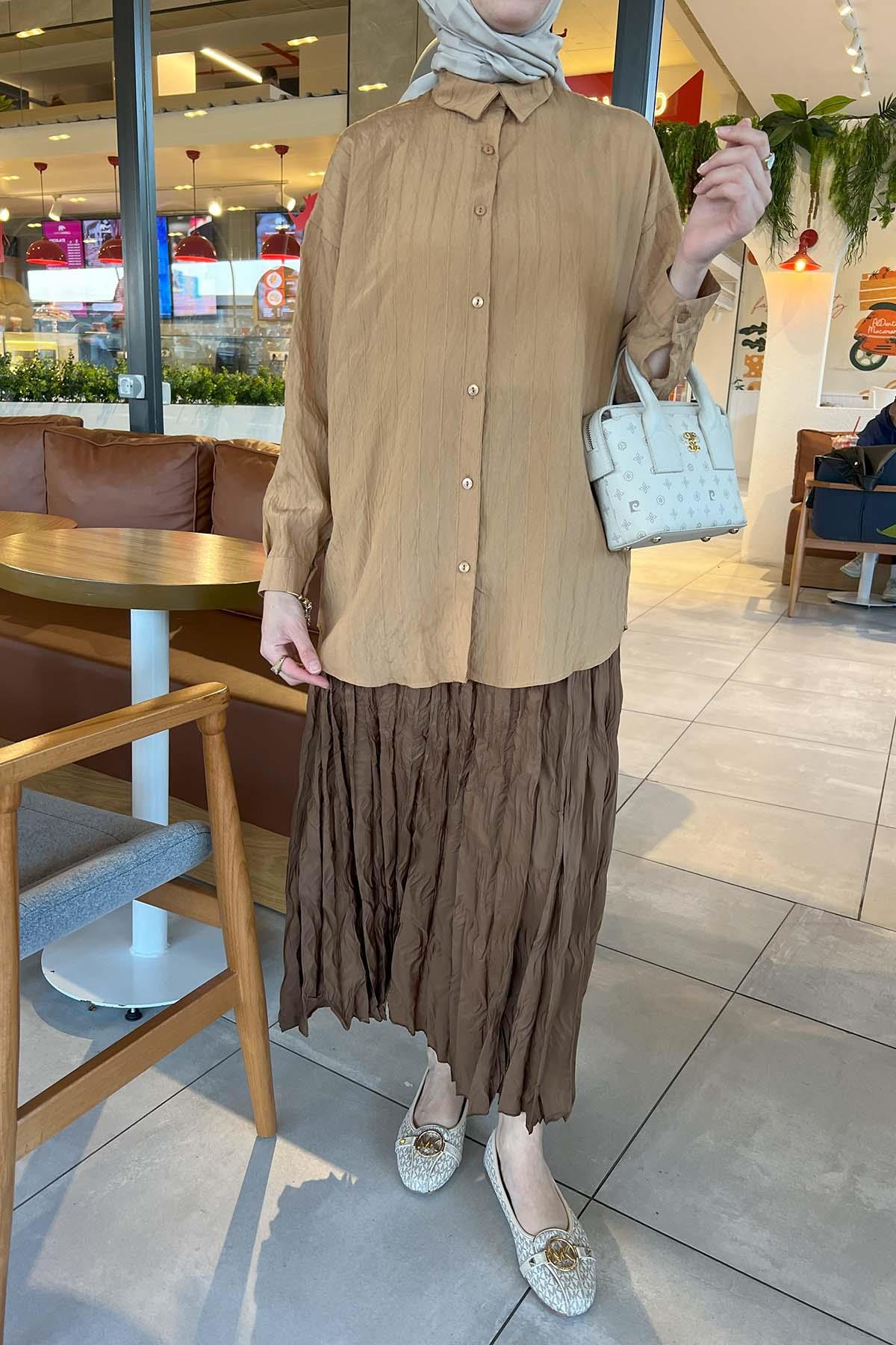 Robalı Çizgili Viskon Gömlek Camel