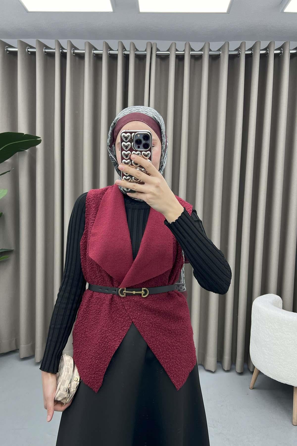 Şal Yaka Buklet Yelek Bordo