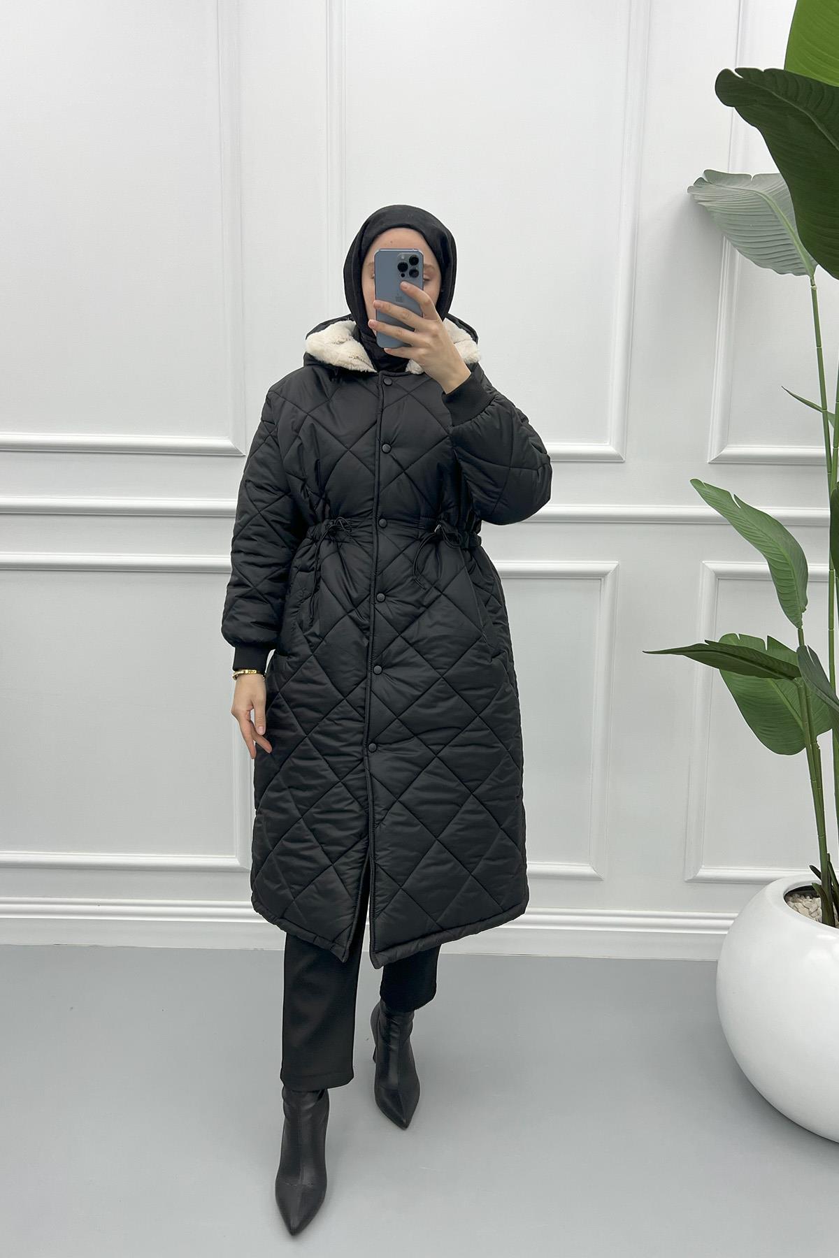 Şapkalı Yakası Peluş Mont Siyah