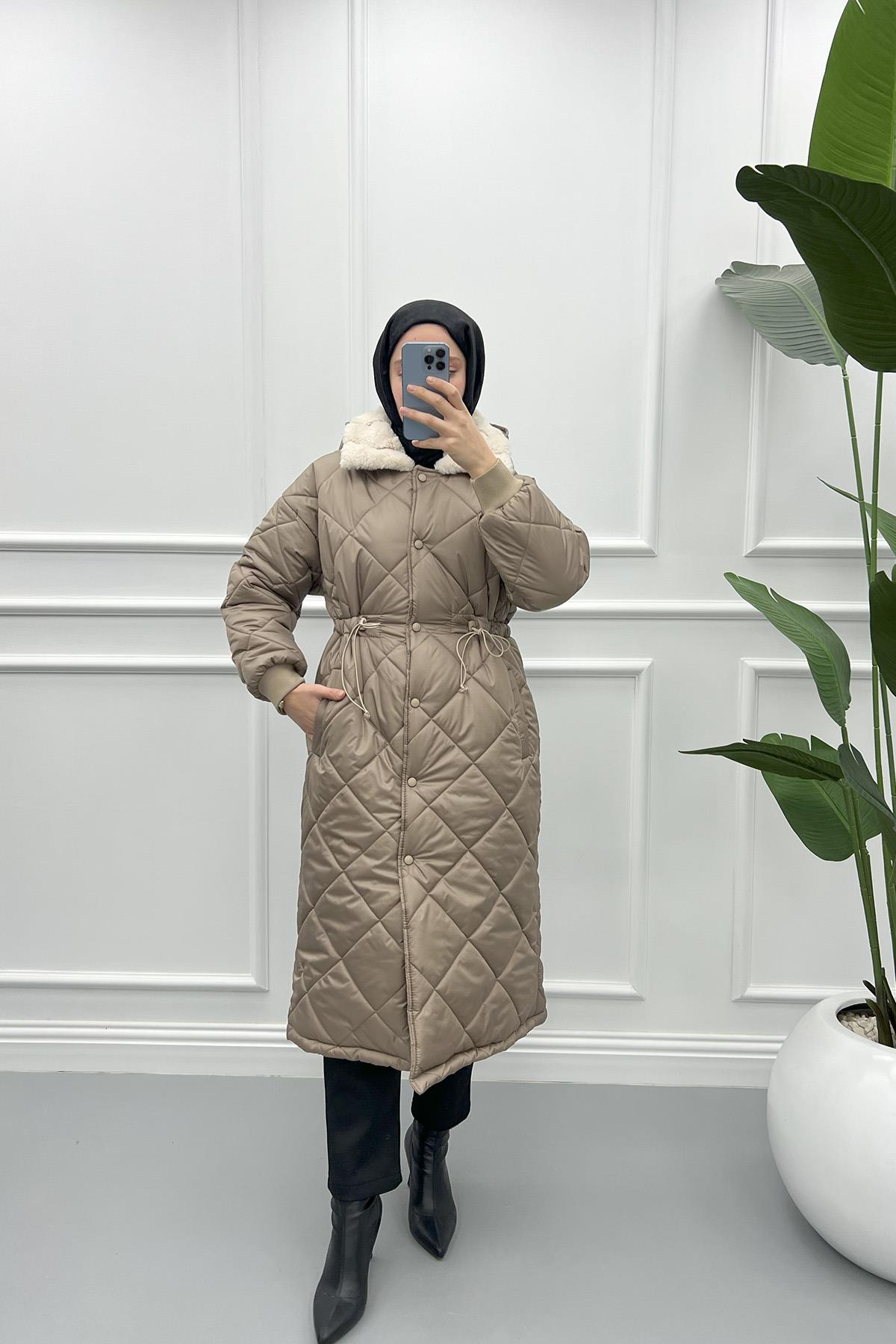 Şapkalı Yakası Peluş Mont Vizon