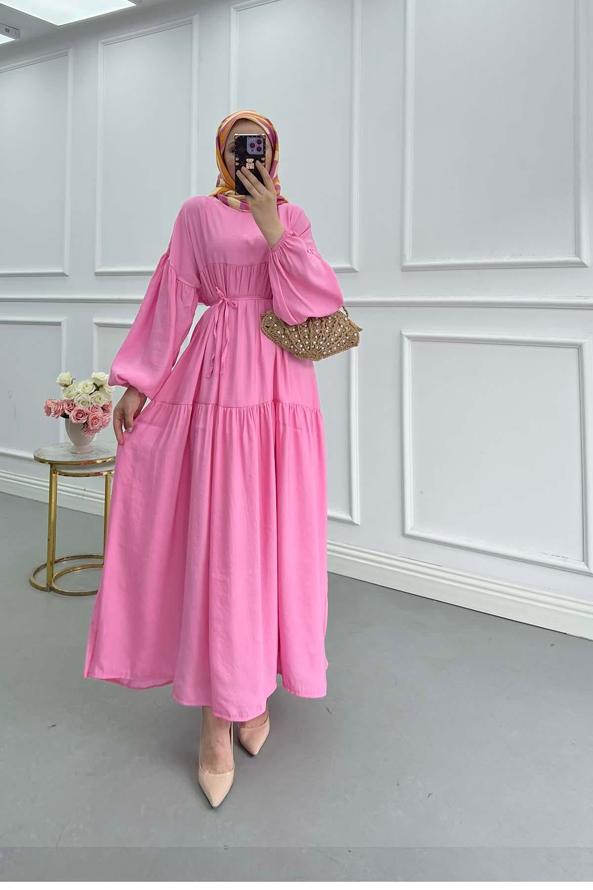 Seyyar Kuşaklı Elbise Pembe