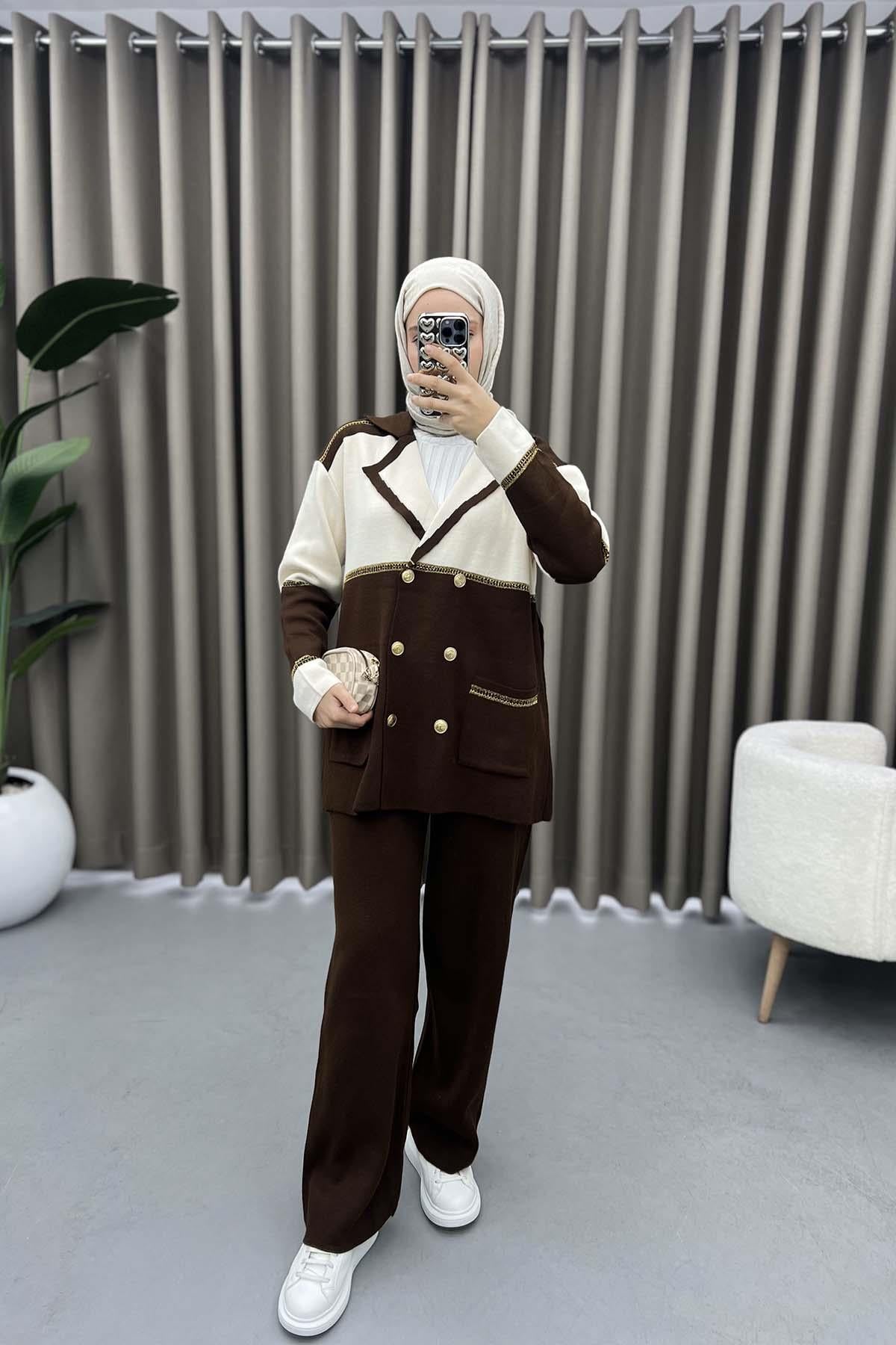 Sim Şeritli Triko Takım Acı Kahve