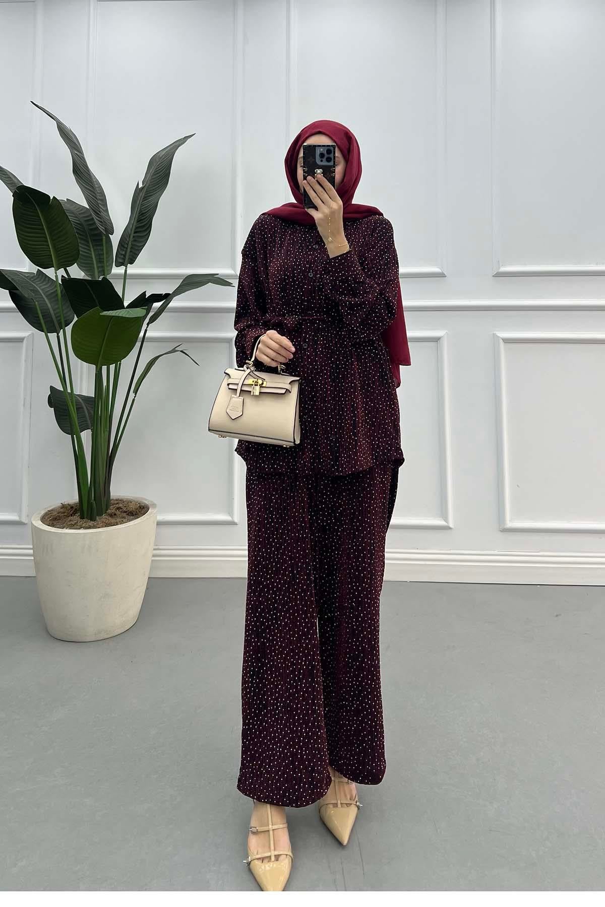 Simli Taşlı Pantolon Takım Bordo