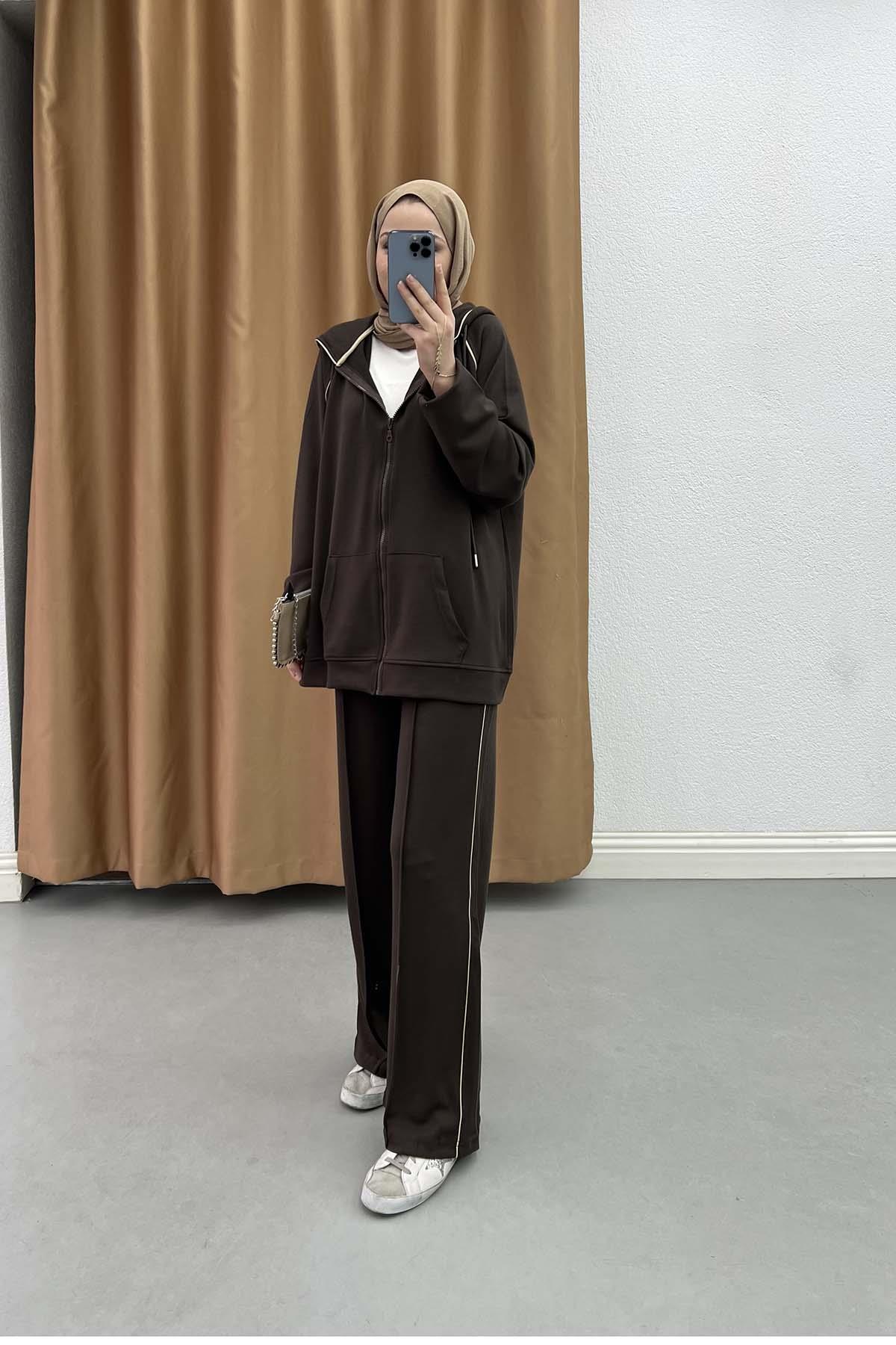 Sportif Şeritli Hoodie Takım Kahve