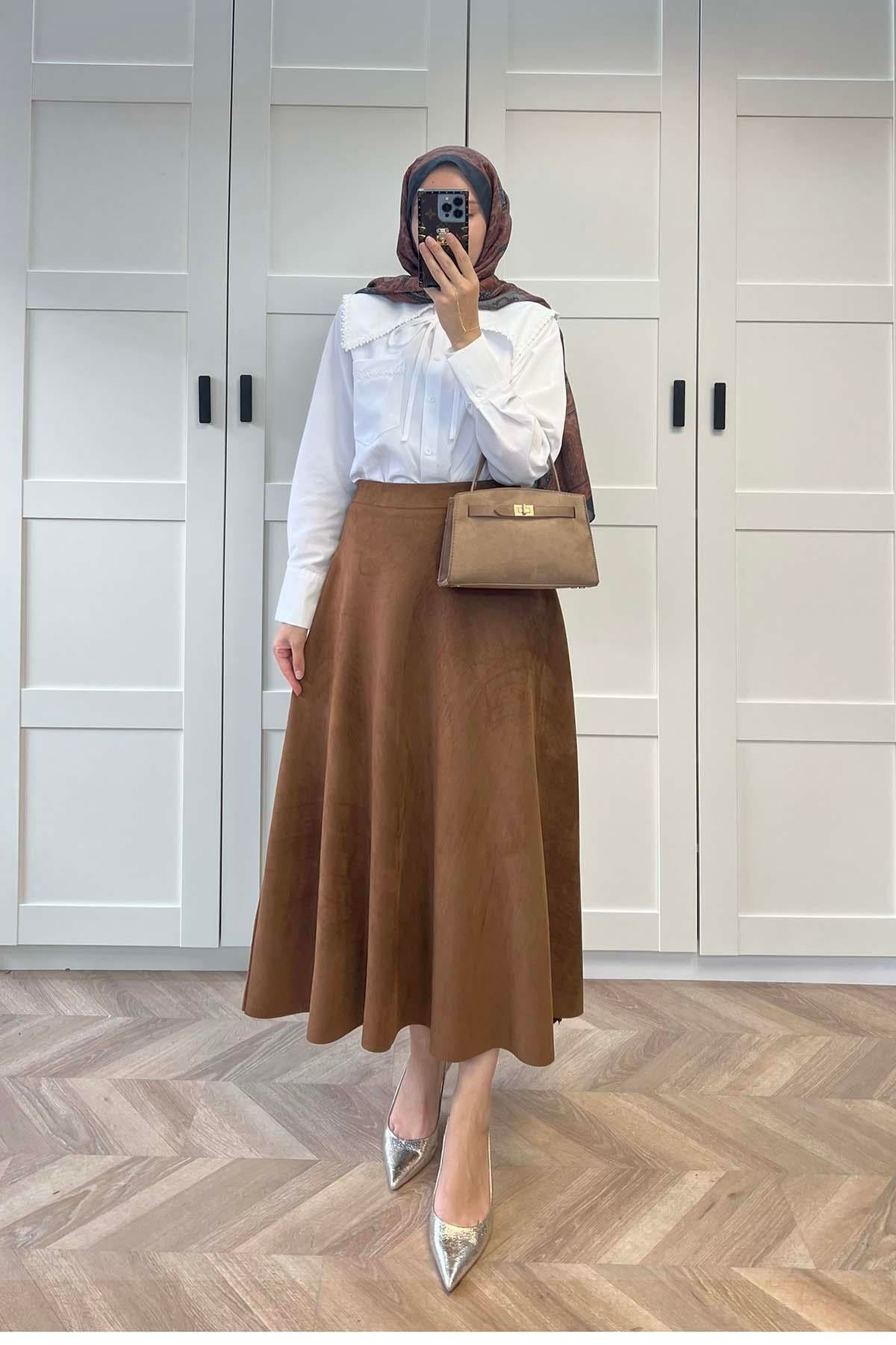 Süet Kloş Etek Taba