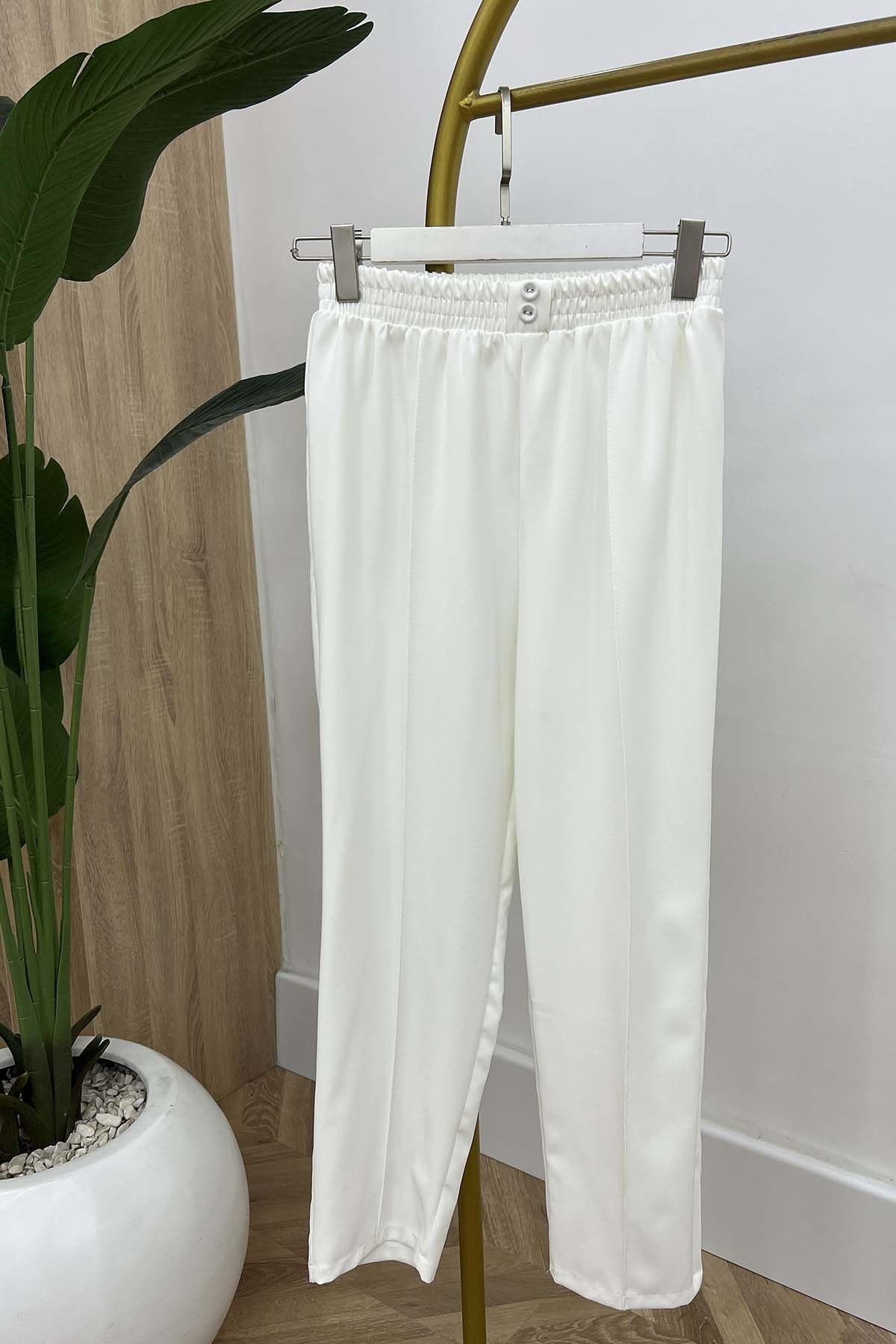 Süs Düğmeli Bel Lastikli Spor Pamuk Pantalon Beyaz