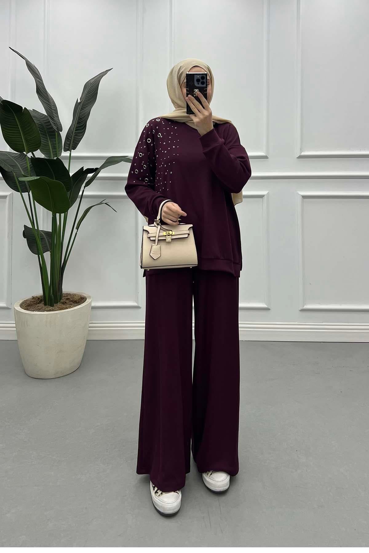 Taş Detaylı Oysh Takım Bordo
