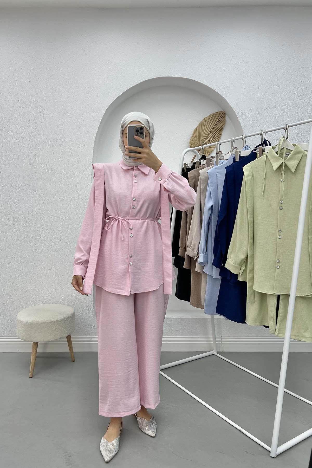 Taş Düğmeli Viral Takım Pembe