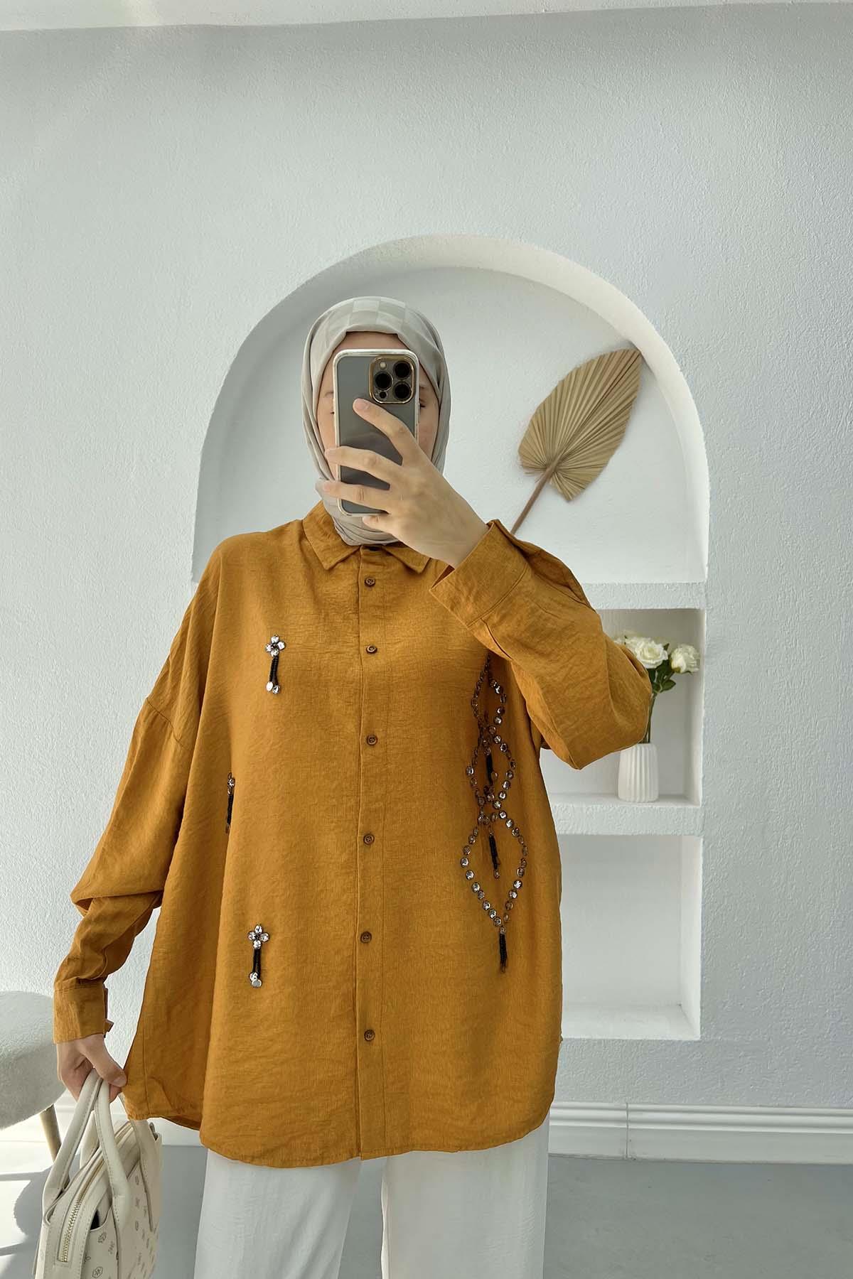 Taş İşlemeli Oversize Gömlek Hardal