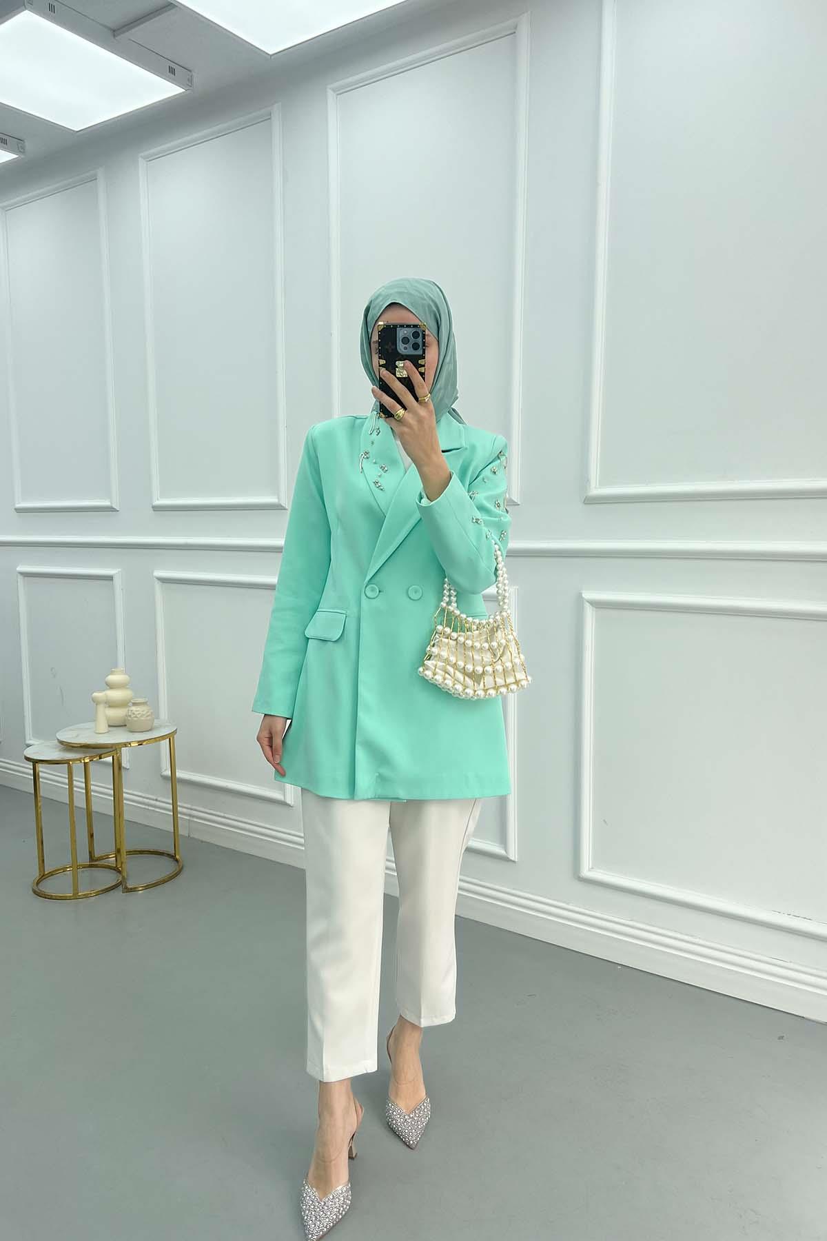 Taşlı Blazer Ceket Su Yeşili