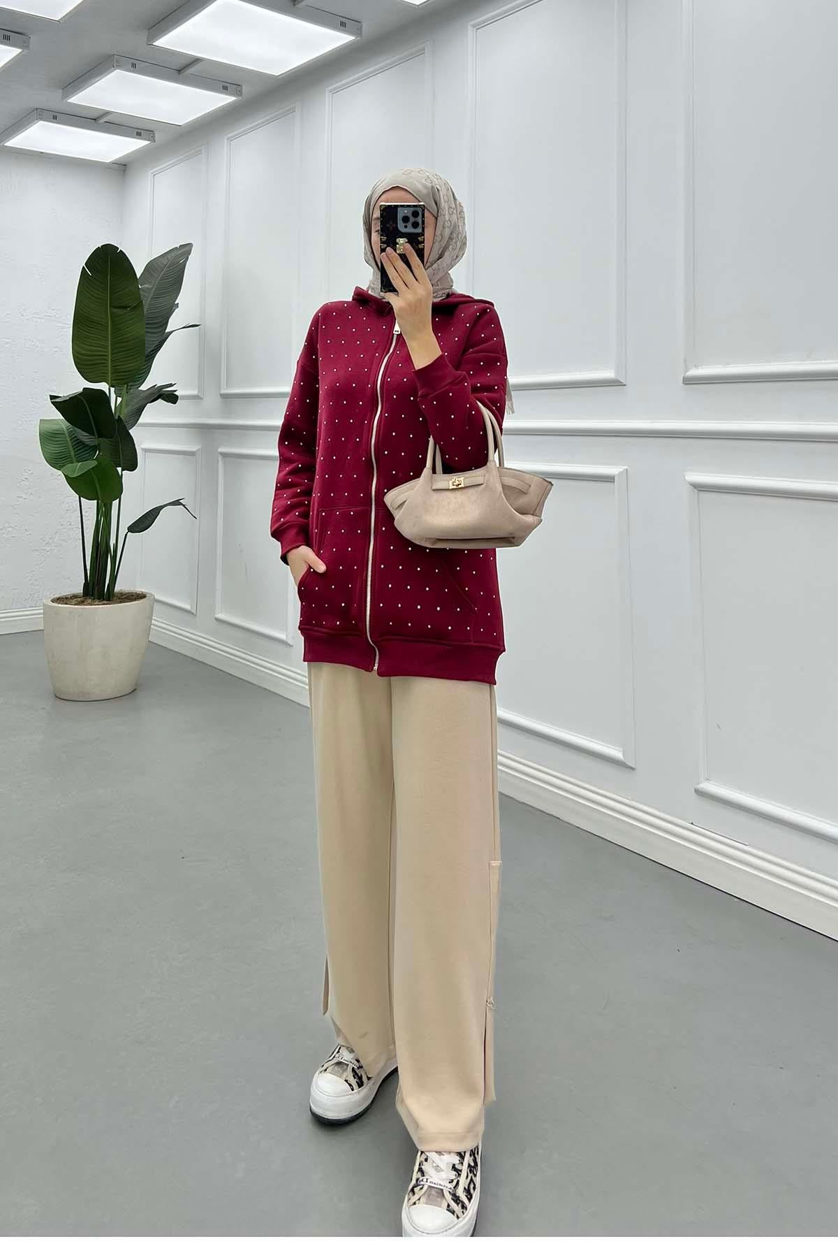 Taşlı Fermuarlı Şardonlu Sweat Bordo
