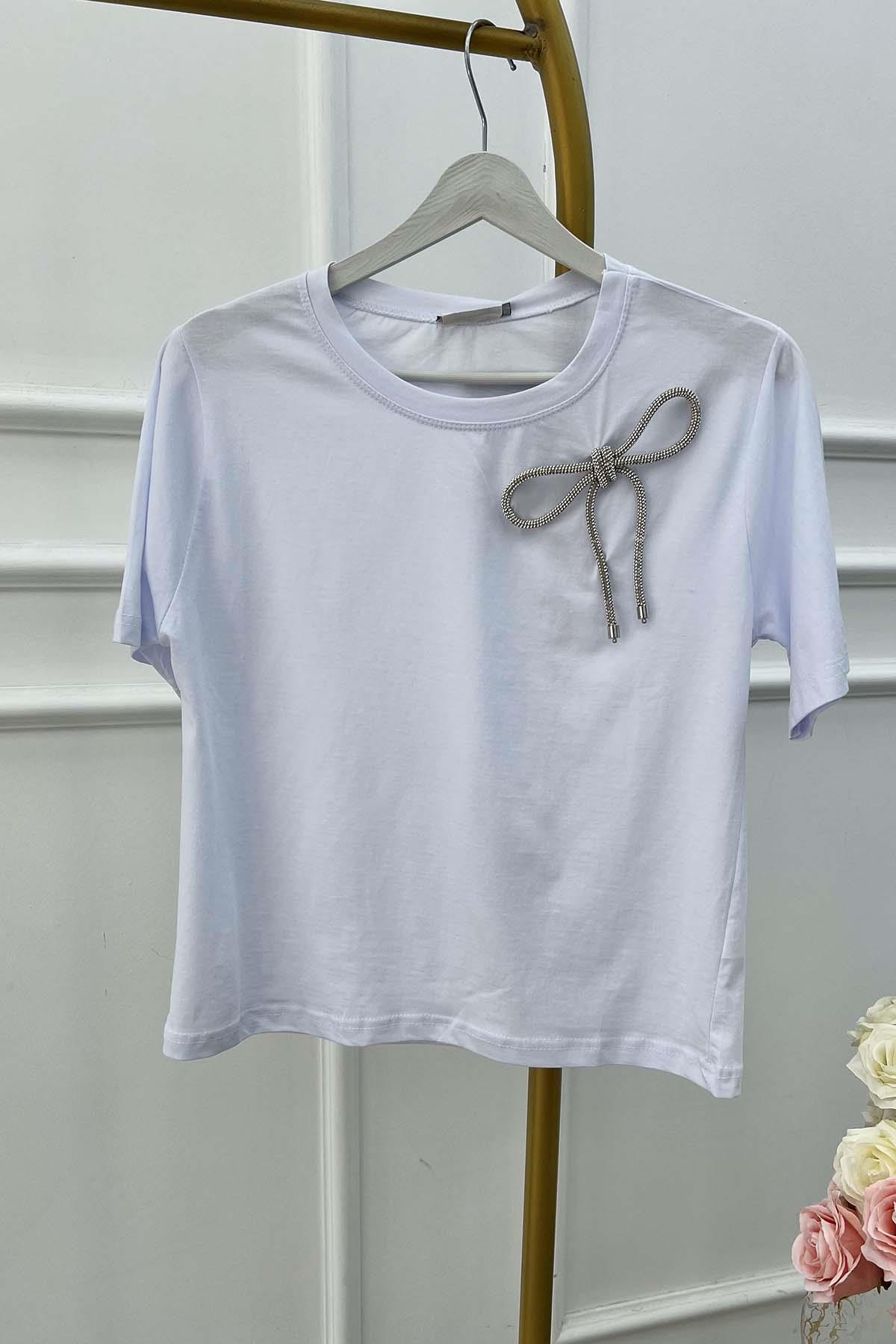 Taşlı Fiyonk Detaylı Tshirt Beyaz