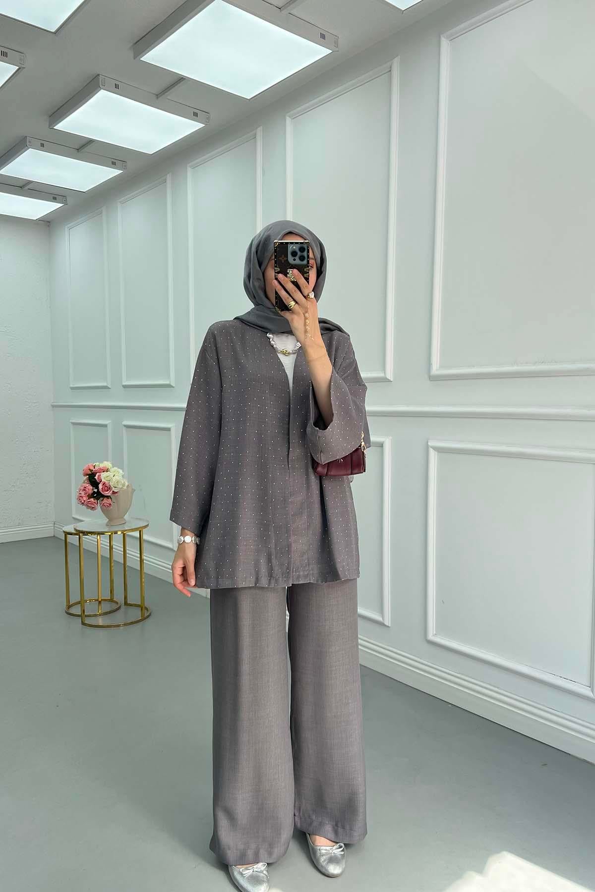 Taşlı Kimono Takım Gri