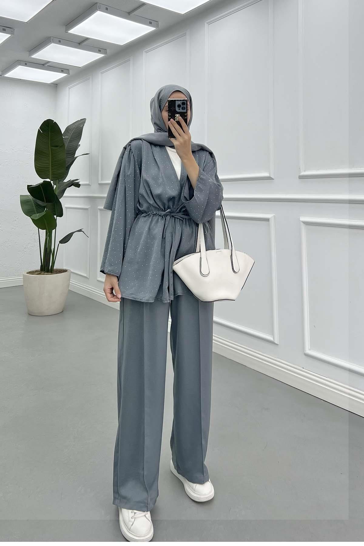 Taşlı Kimono Takım Gri
