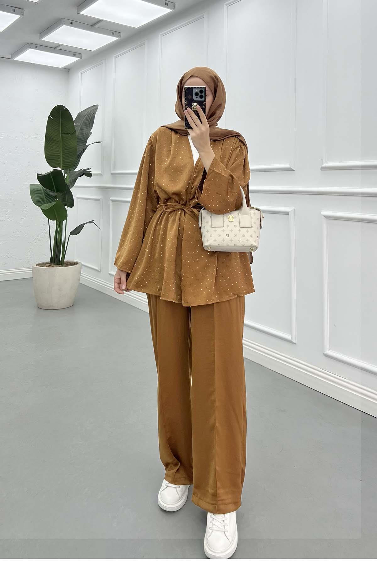 Taşlı Kimono Takım Taba