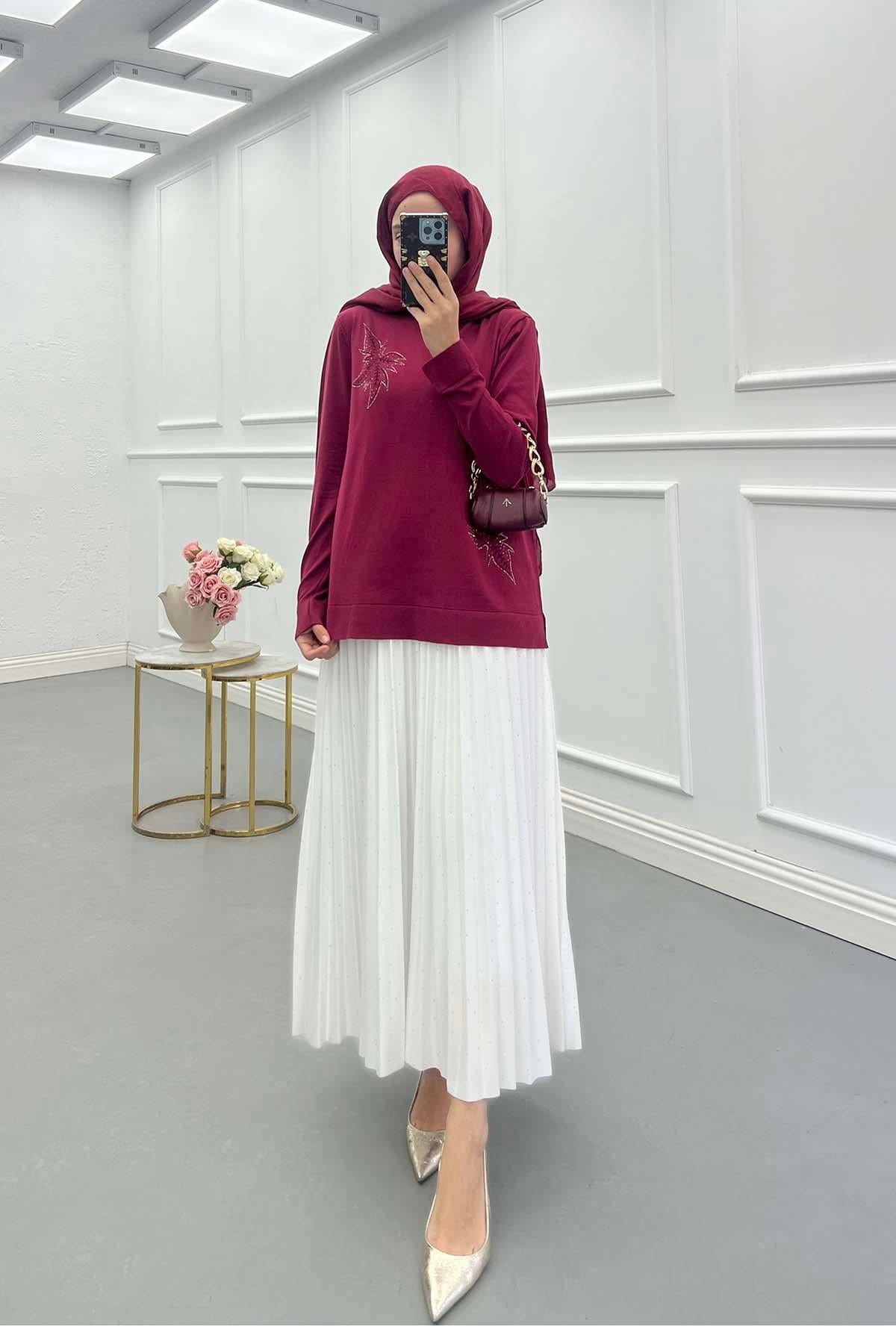 Taşlı Merserize Bluz Bordo