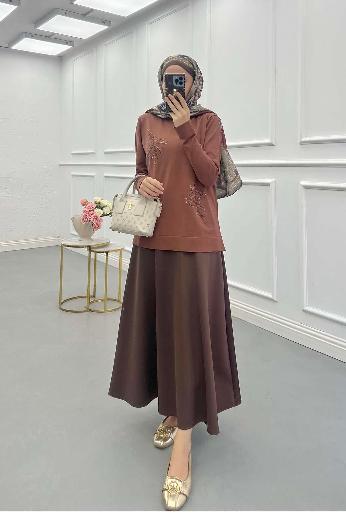 Taşlı Merserize Bluz Kahve