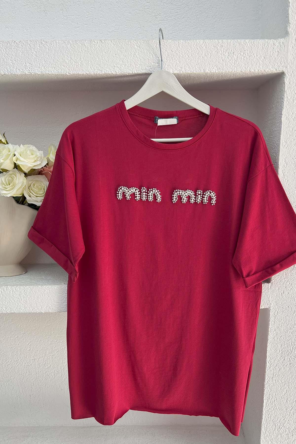 Taşlı Mın Tshirt Bordo