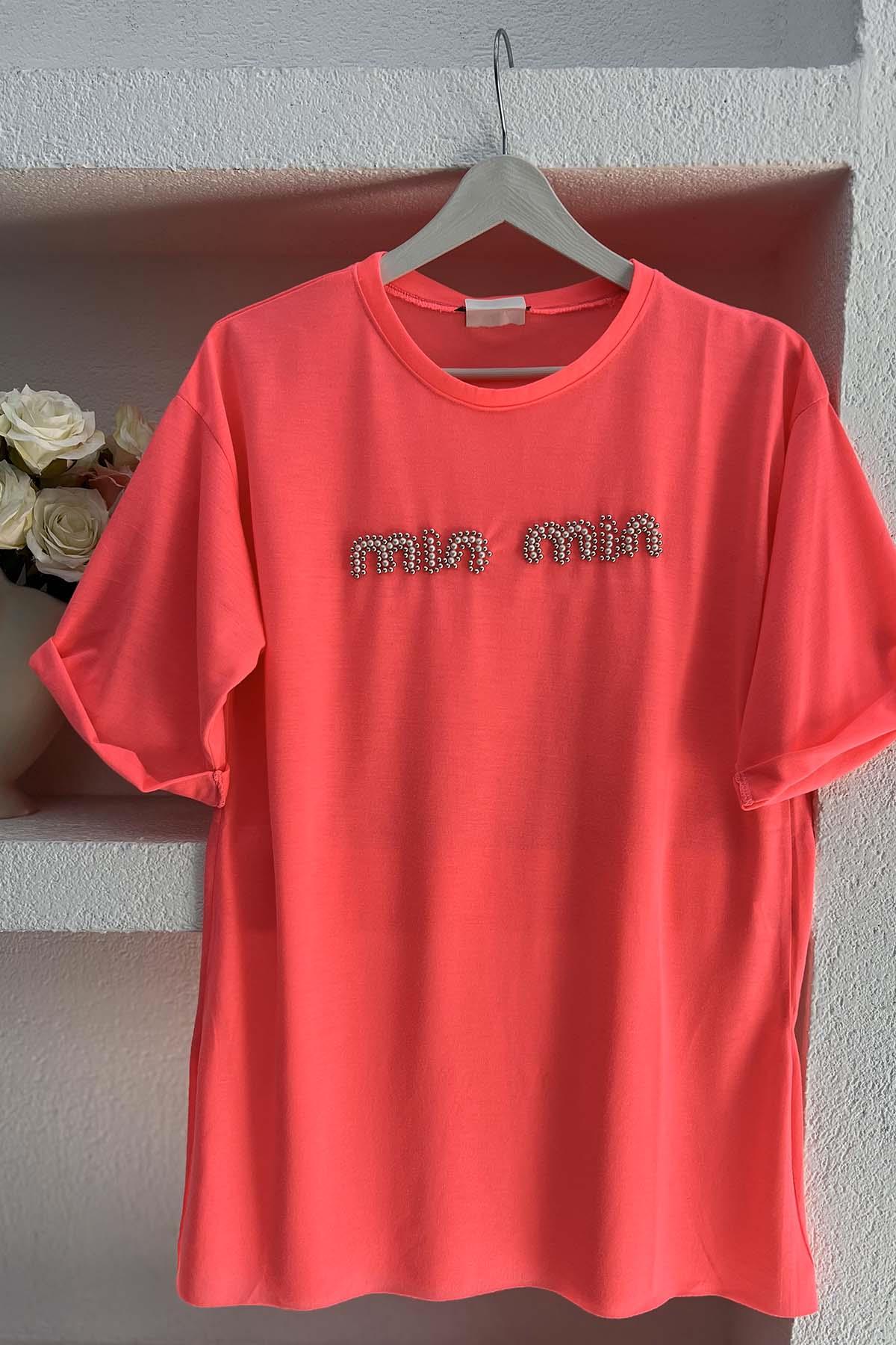 Taşlı Mın Tshirt Fuşya