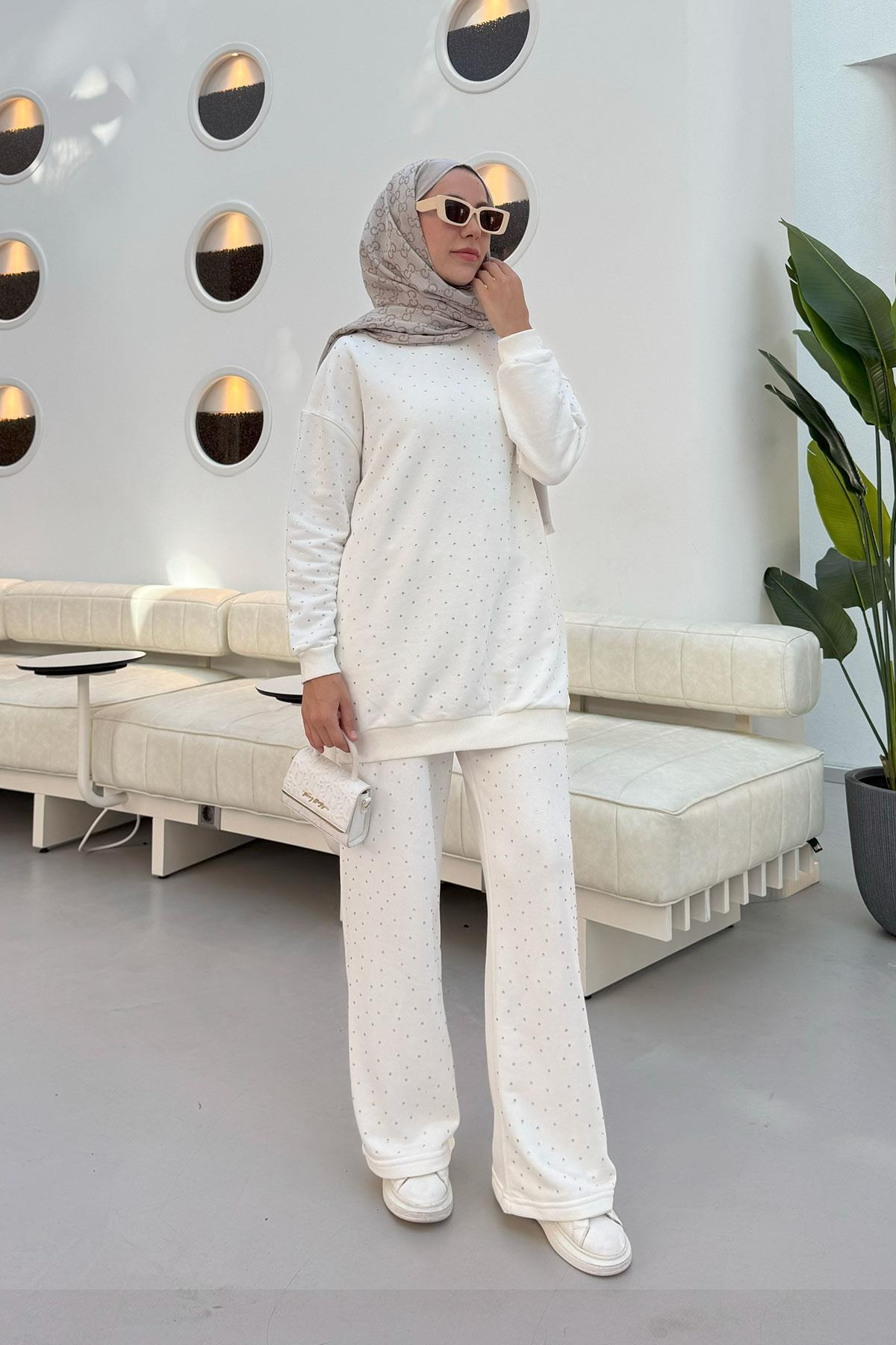 Taşlı Oysh Sweat Takım Beyaz