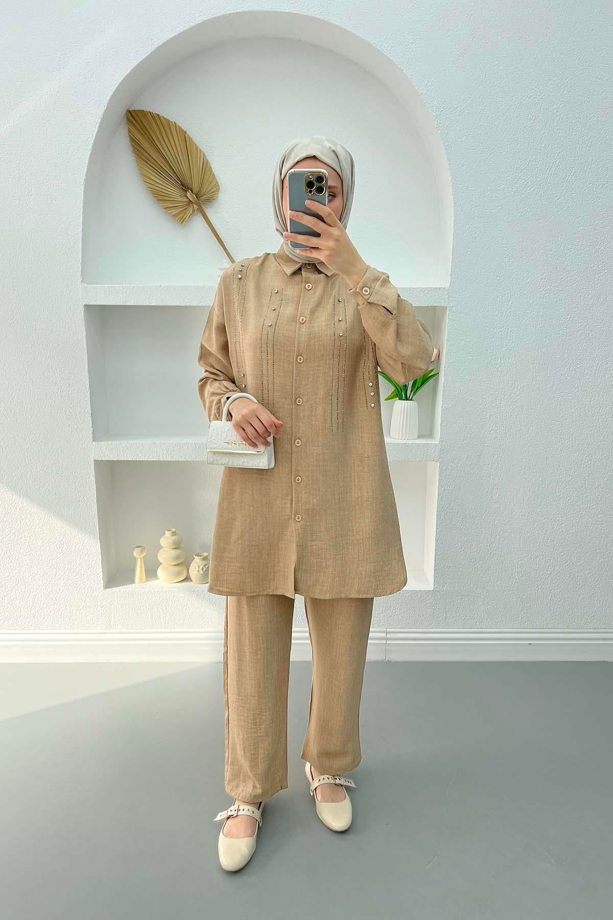 Taşlı Tunik Takım Bej