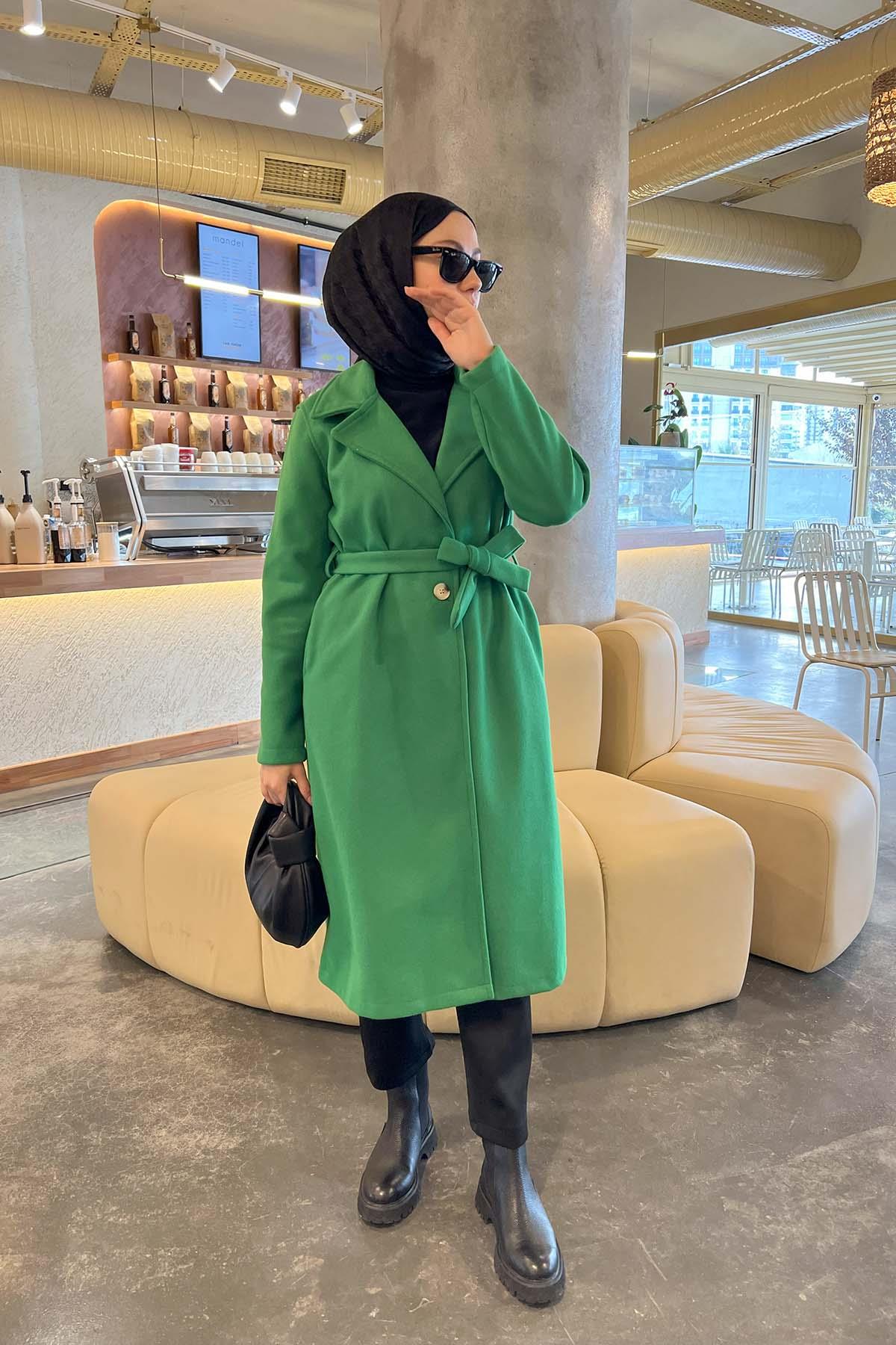 Tek Düğme Kemerli Kaşe Kaban Benetton Yeşil