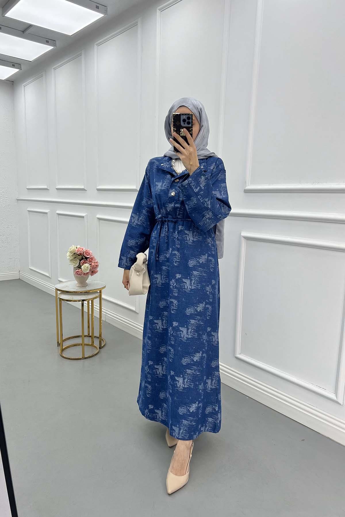 Texture Desen Denim Elbise Mavi