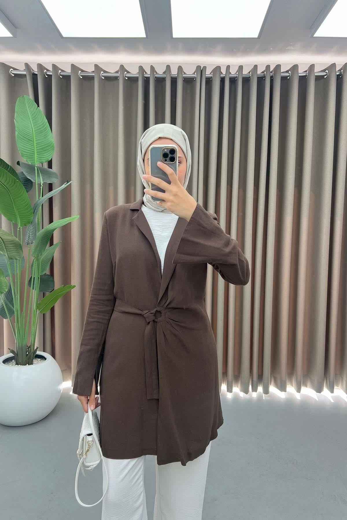 Toka Detaylı Keten Kimono Acı Kahve