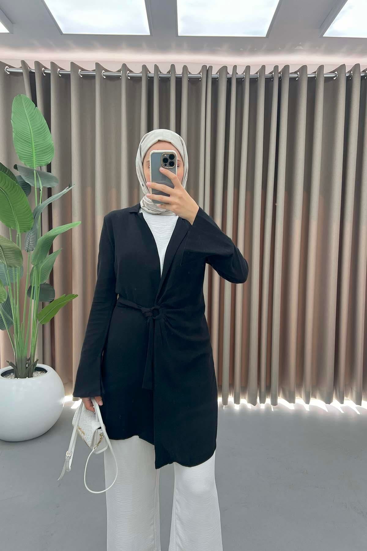 Toka Detaylı Keten Kimono Siyah