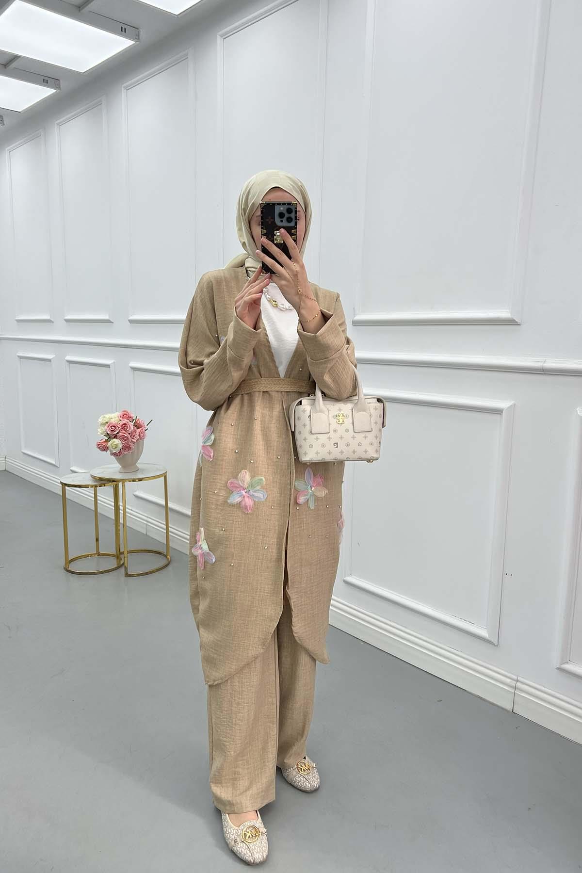 Tül Çiçekli Kimono Üçlü Takım Sütlü Kahve