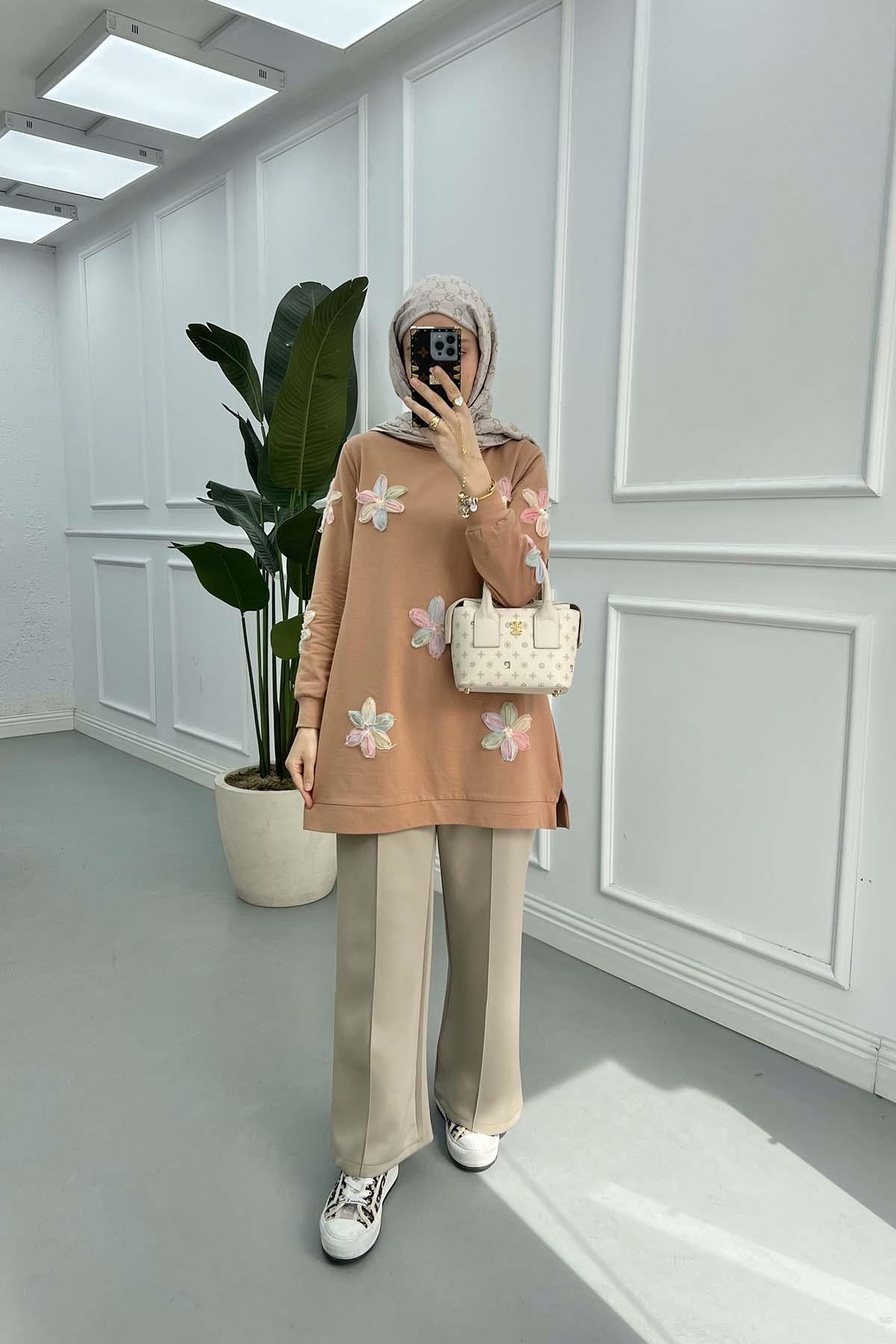 Tül Çiçekli Tunik Camel