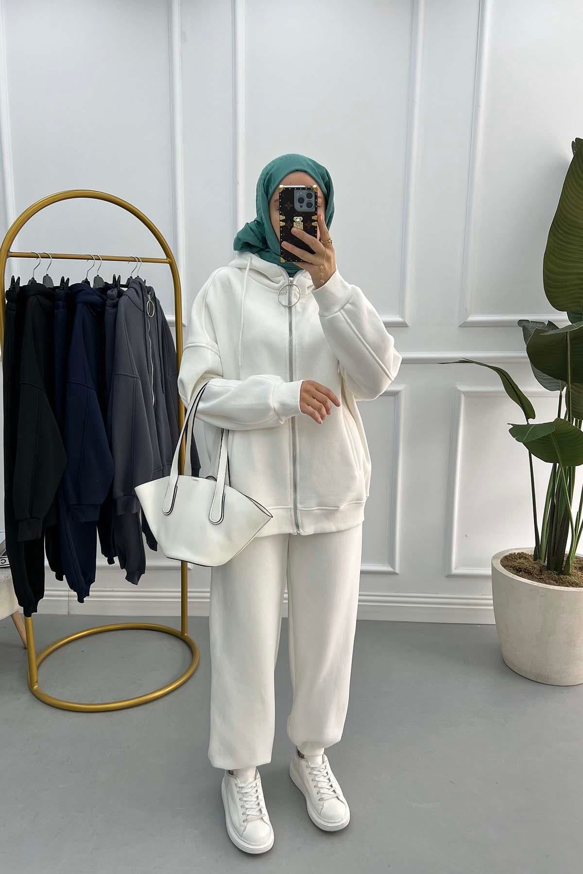 Üç İplik Sweatshirt Takım Beyaz
