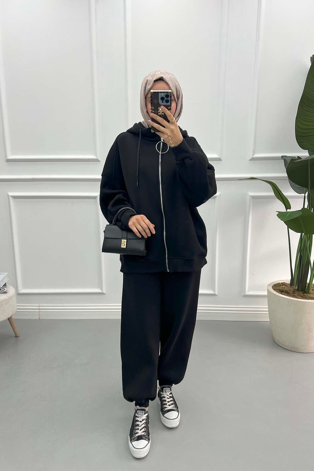 Üç İplik Sweatshirt Takım Siyah