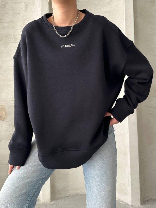 Üç İplik Yazılı Oversize Sweatshirt Lacivert
